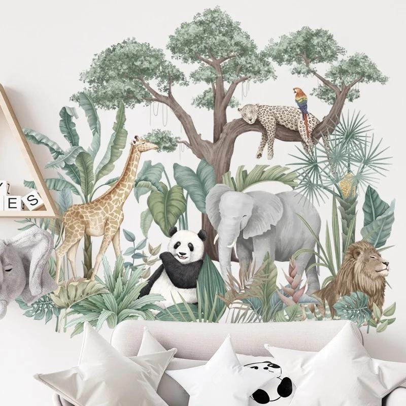 Rainforest Animals Wall Stickers for Living Room Bedroom Sofa Background Wall Decor Giraffe Elephant Wall Sticker fo
